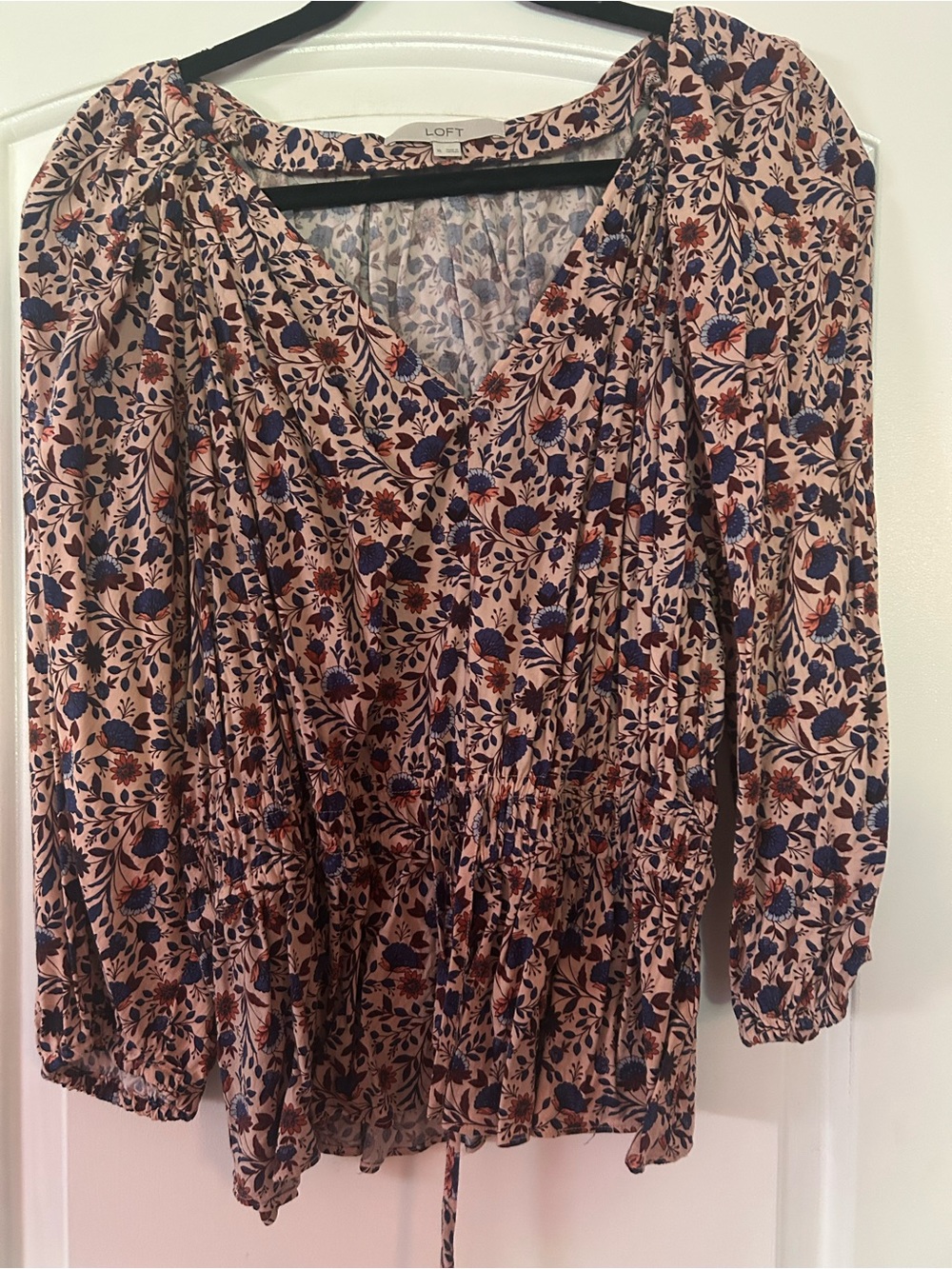 LOFT Blush Pink Floral V-Neck Smocked Waist Long-Sleeve Blouse